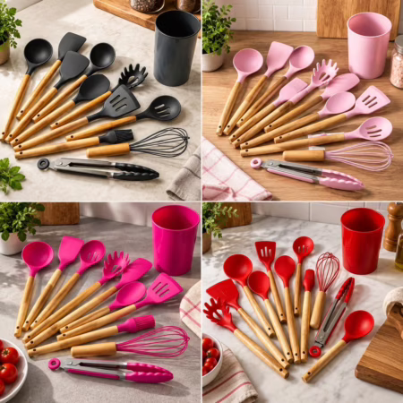 Kit C/12 Utensílios De Cozinha Silicone Cabo Madeira