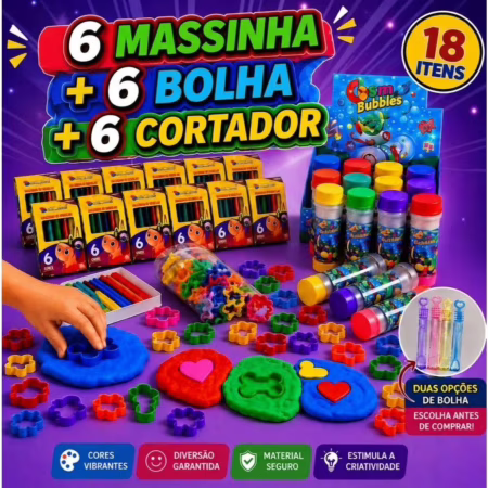 Kit c/até 20Cx Massinha de Modelar + 20 Bolha de Sabão + 20 Cortador Molde