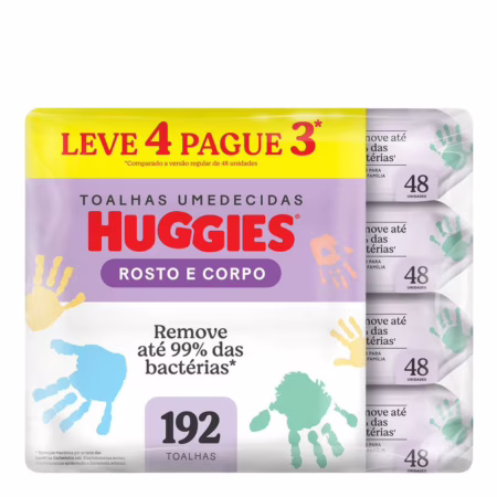 Kit Lenço Umedecido Infantil Huggies Rosto e Corpo 4 Pacotes com 48 Unidades
