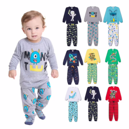 Kit Sortido 4 Peças Pijama Manga Longa Bebê Menino (2 Camisas + 2 Calças) Kit com 2 Pijamas de Roupa Infantil