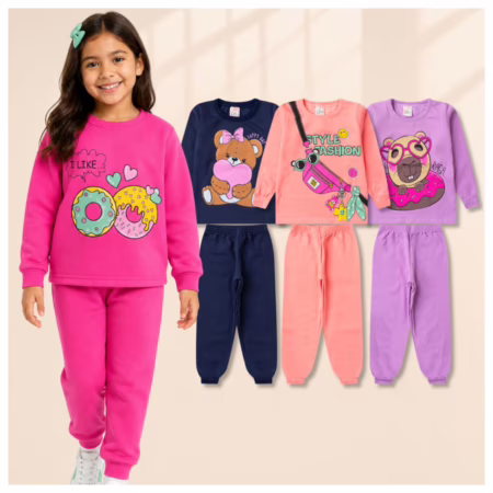 Kit Sortido 6 Peças 3 Casacos Moletom Careca + 3 Calças Infantil Feminino/Menina 3 Conjuntos 1 ao 14 • A