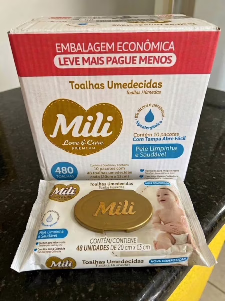 ➡️ Lenço Umedecido Mili Premium Love & Care 500 unidades 10 pacotes com 50 unidades