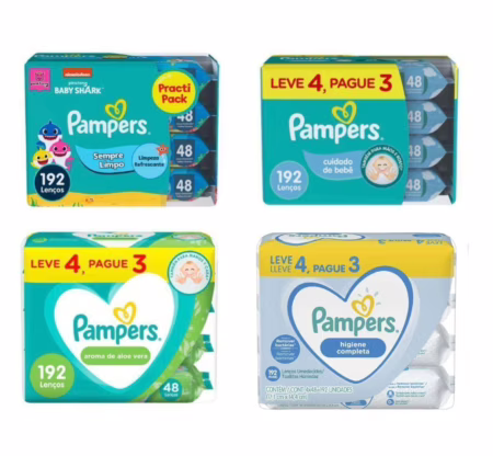 Lenços Umedecidos Pampers 192 Unidades (4 pacotinhos com 48 unidades cada) • A