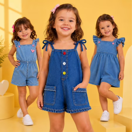 Macacão Macaquinho Jardineira Jeans Infantil Feminino 2 a 4 Anos Confortável e Estiloso