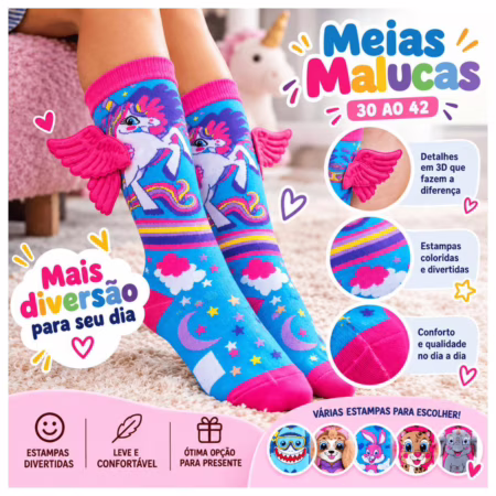 Meia Maluca Infantil 3D Cano Alto Divertida Colorida Pelúcia Presente Criança Tamanho Único 24 ao 37