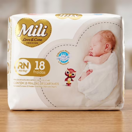 Mili Fralda Infantil Love & Care Recém Nascido RN, Alta Absorção, Ajuste Confortável, 18 Unidades
