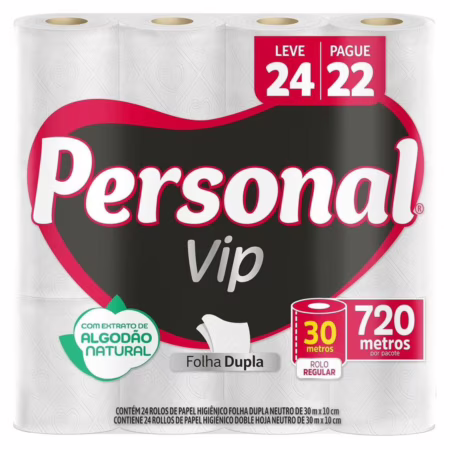 Personal VIP - Papel Higiênico Folha Dupla, Branco 24 unidades (Embalagem pode variar)