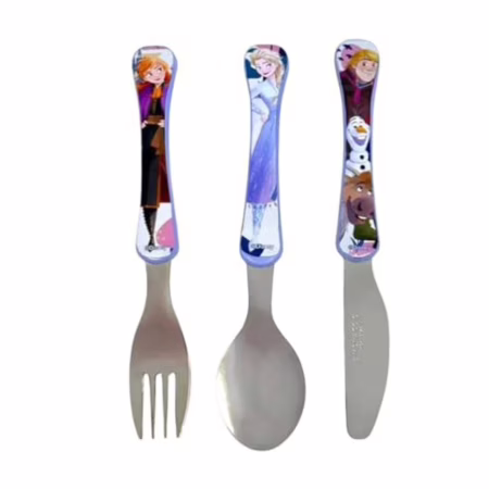 SIMONAGGIO Jogo de Talheres Infantil Disney Kids Frozen - Kit de Talheres de Aço Inox Com Cabo Plástico - Multicor - 3 Peças