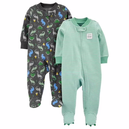 Simple Joys by Carter's Pacote com 2 unidades de algodão com zíper bidirecional para bebês meninos, para dormir e brincar, Dinossauro cinza escuro/listras verde-menta, 6-9 Meses