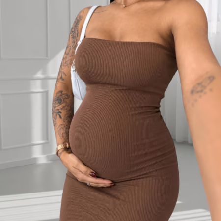 Vestido Midi Gestante Tomara que Caia Canelado