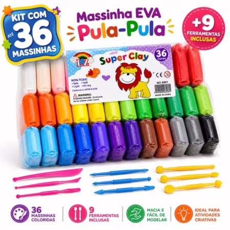 🛍 12 a 36 Massinha Argila Pula Pula de E.V.A Super Leve + 3 Ferramentas Brinde Brinquedos Educativos