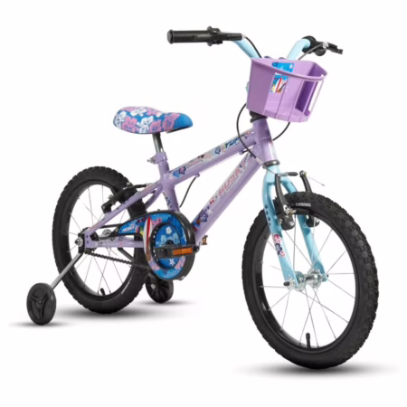 Bicicleta Infantil Aro 16, Lilás e Azul, Quadro em Aço Carbono, com Rodinhas Laterais, Cestinha Frontal Lilo para 4 a 8 Anos Husky