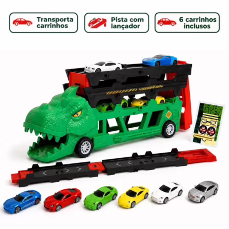 Caminhão Cegonha Lançador Dino Truck Super Pista Dinossauro com 6 Carrinhos