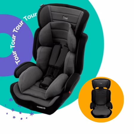 😍 Cosco Kids, Cadeirinha Tour, 9 a 36 Kg, Cinza e Preto