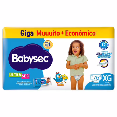 ➡️ Fralda Babysec Ultrasec Galinha Pintadinha Giga XG com 76 Unidades