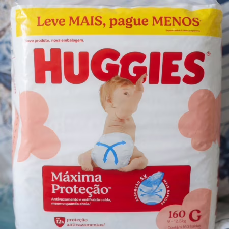 ➡️ Fralda Descartável Huggies Máxima Proteção Tamanho G 160 unidades aberta com tecnologia XtraFlex, canais em X que se adaptam aos movimentos e máxima proteção