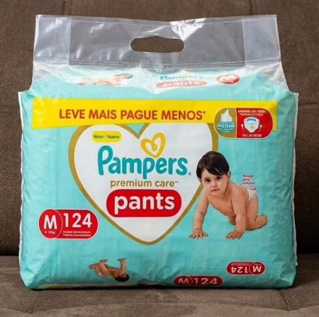 Fralda Pampers Premium Care Pants Tamanho M, Fácil de Vestir, 124 Unidades