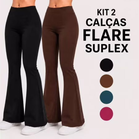 Kit 2 Calças Legging Flare Leg Bailarina Feminina Suplex Cintura Alta Sem Transparência Cós alto Calça Boca de Sino