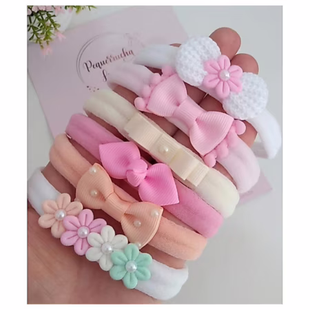 Kit 6 Faixinhas de Cabelo Para Bebê Menina Laço  RN Meia de Seda Confortável Maternidade Enxoval Luxo