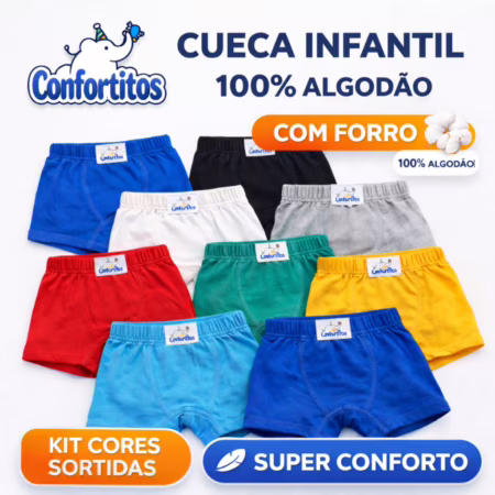 Kit Cuecas Infantis Box Menino 100% Algodão com Forro Confortável Macia Respirável Cores Sortidas