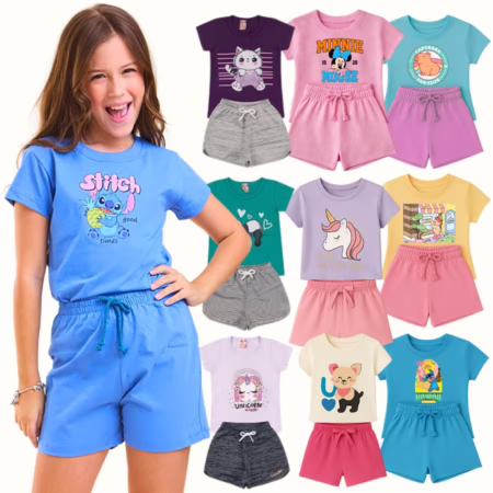 🛍️ Kit Sortido 6 Peças Roupa Infantil Menina Camiseta Short Conjunto Infantil menina Verão Feminino