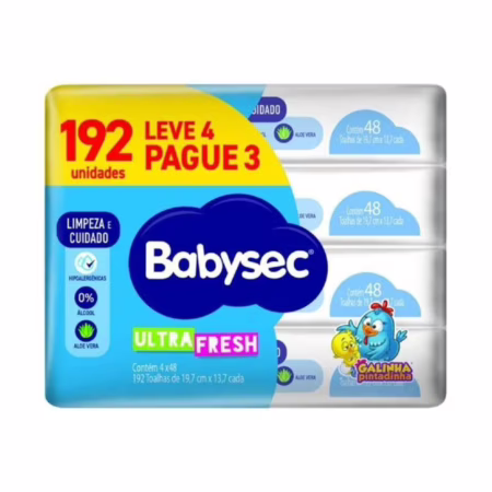 Lenço Umedecido Babysec Pacote Economico 192 unidades (4 pacotes com 48 unidades)