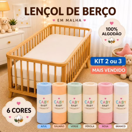 Lençol de Berço Kit 2 peças 100% Algodão com Elástico 70x130x12 – Malha Confortável