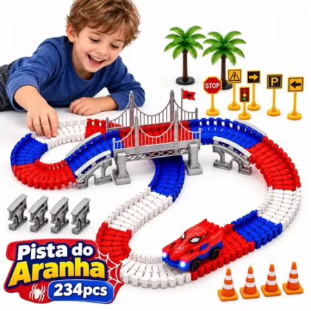 Pista de Carrinho Flexível Aranha 234 Peças Com Luz, Ponte Suspensa, Rampas, Placas E Acessórios Para Montar Diferentes Circuitos Lançador