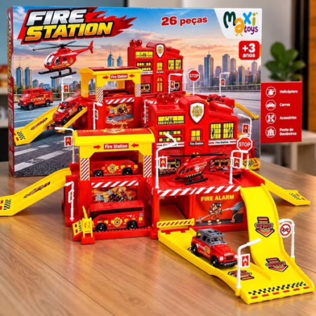 Pista de Carrinhos Infantil Bombeiro com 5 Veículos e Acessórios Maxi Toys