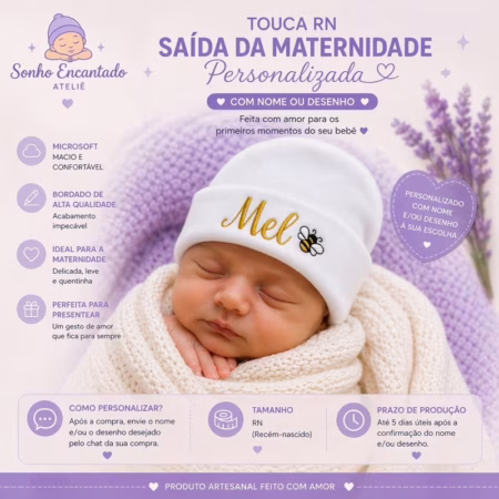 🛍️ TOUCA RN personalizada com NOME para Saída maternidade