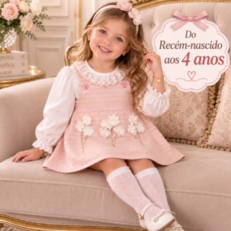 🛍️ Vestido Bebê Menina 0 A 4 ANOS com Flores 3D e Blusa Manga Longa Renda – Lookinho Elegante Infantil Brokinha