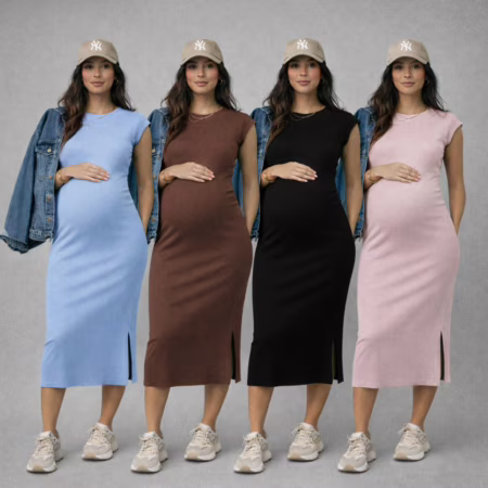 Vestido Midi Tubinho Gestante Muscle Tee Canelado/Ribana com Fenda para Gravida Regata Elegante