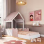 Completa Móveis Cama Montessoriana Infantil Casa Solteiro Branco/Rosa