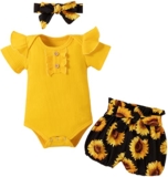 Conjunto de 3 peças de roupa para bebês meninas liso canelado com girassol, calça curta, roupa para cabeça