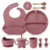 Kit Introdução Alimentar Bebê 8 Peças Prato + Bowl Babador Copo + Tampa com Canudo + 2 Talheres + 2 Talheres Ponta Silicone Cabo de Madeira 100% Silicone Antitóxico Premium (Rosa Rubi)