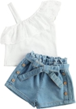 Springcmy Conjunto de roupa infantil para meninas com babados e girassol, calça jeans rasgada, conjunto de shorts de verão