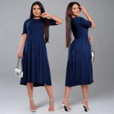 •⁠  Vestido Midi Manga Casual Elegante Feminino Liso Verão .mm